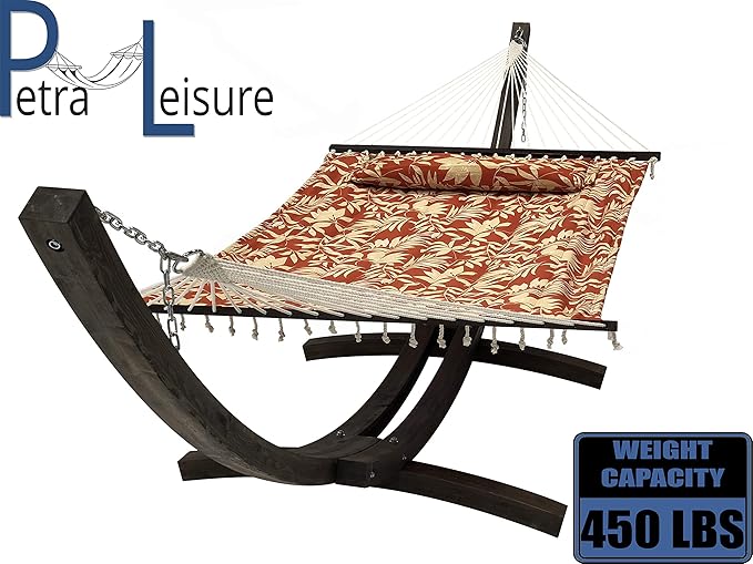 14 Ft. Wooden Arc Hammock Stand + Deluxe Quilted Double Padded Hammock Bed w/Pillow. 2 Person Bed. 450 LB Capacity(Coffee Stain/Elegant Floral)