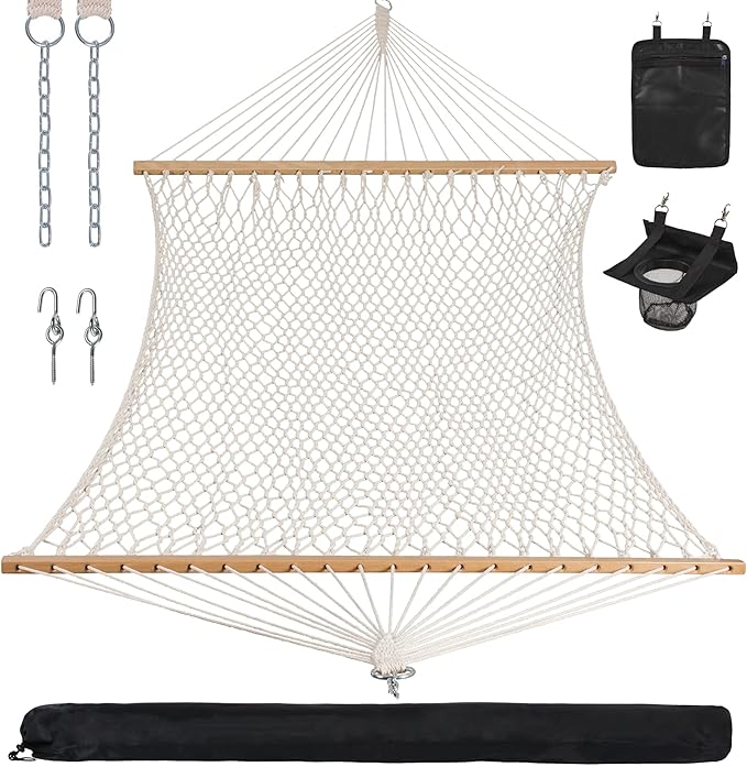 ANOW Rope Hammock Double Hammock with Hardwood Spreader Bar and Carrying Bag, 450 LBS Weight Capacity for Two Person, Natural