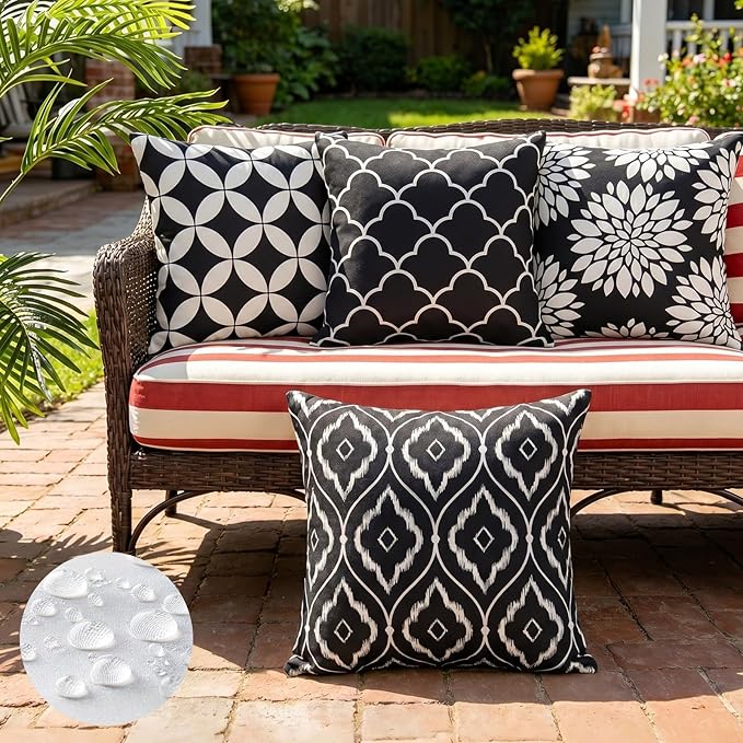 CARRIE HOME Black and White Boho Outdoor Pillow Covers 18x18 Waterproof Set of 4 Boho Decorative Couch Throw Pillows Black Aesthetic Room Decor for Living Room or Patio Furniture (No Inserts)