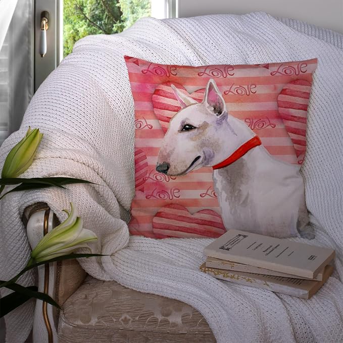 Caroline's Treasures BB9780PW1414 Bull Terrier Love Fabric Decorative Pillow, Red Machine Washable, Indoor Outdoor Decorative Pillow for Couch, Bed or Patio, 14Hx14W