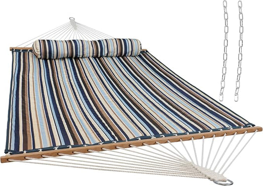 Sunnydaze Quilted Double Hammock for Outside with Spreader Bars and Pillow - 450 lb Capacity, 74x55 Inch Bed, UV Resistant, Quick Dry - Chains Included, Stand Sold Separately - Ocean Isle