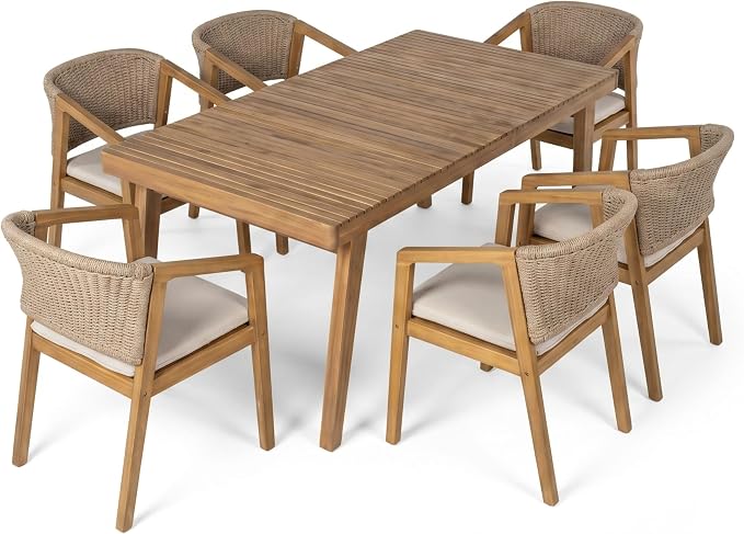 7-Piece Outdoor Acacia Wood Dining Set, Patio Dining Set, 69" Rectangular Patio Table & 6 Mix Brown Rope Arm Chairs with Beige Cushions