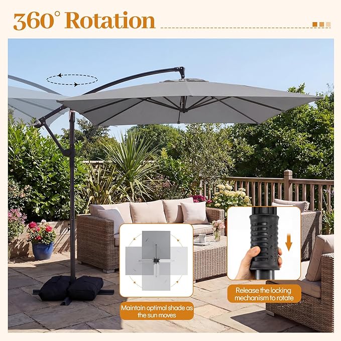 Tangkula 8x8 FT Patio Umbrella with Base Included, Square Offset Cantilever Outdoor Umbrella with 360 Degree Rotation, Crank Handle, Sandbags, 8 Ribs for Pool Deck Garden Backyard