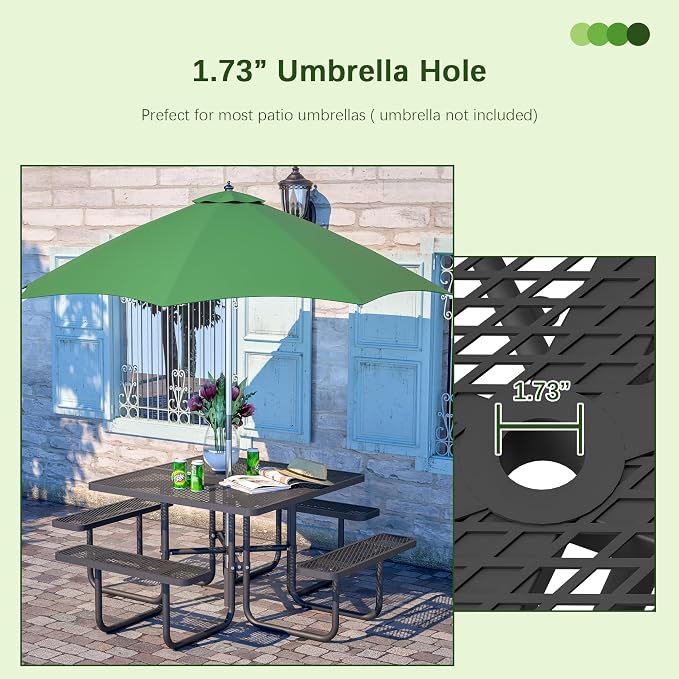 46'' Heavy Duty Outdoor Picnic Table - Commercial Grade Square Steel Picnic Table Set, Umbrella Hole, Rust-Resistant Metal Mesh Tabletop for Patio, Garden, Park, BBQ - Black
