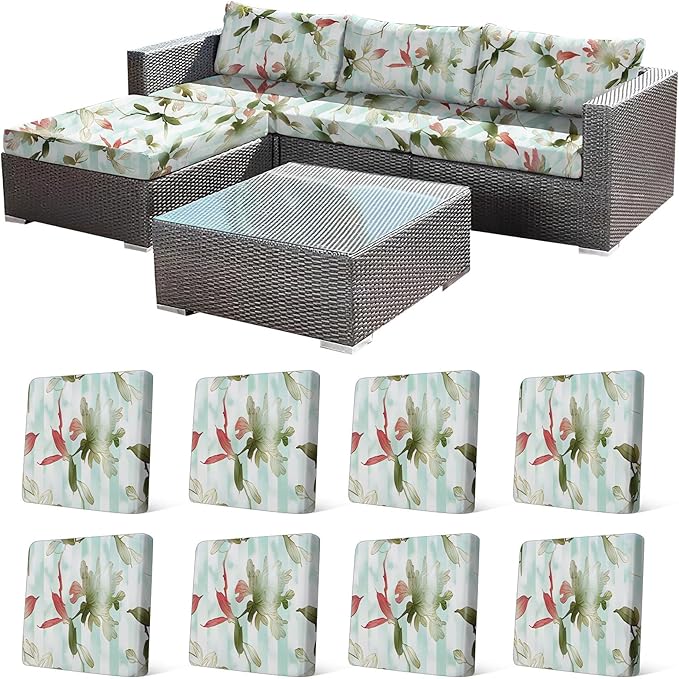 CALBODE 8Pcs Stretch Patio Cushion Cover, Striped Floral Pattern Couch & Sofa Slipcovers for Patio Furniture Cushions Washable Reusable Couch Covers Replacement for Spring Summer Autumn (Cover Only)
