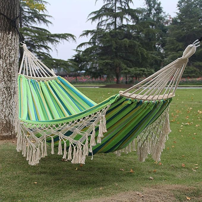 Cotton Fabric Hammock with Wood Spreader Bar and Fringed Deluxe Boho Style Swing Chair Indoor Bedroom Porch Yard Camping Hiking Travel Decor 200X150cm,Green