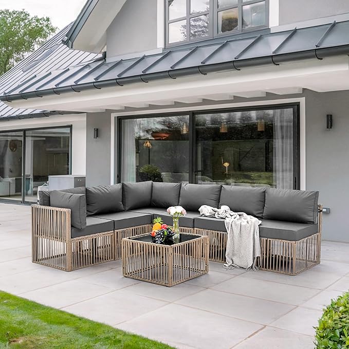 Pamapic 7-Piece Patio Furniture Set, Large Handwoven Wicker Outdoor Sectional Set with Coffee Table, All-Weather Patio Sofa Conversation Set for Backyard, Poolside, Garden
