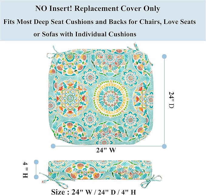 FUNHOME 2 Pack Outdoor Cushion Slipcovers 24" x 24" x 4", No Insert! Water-Resistant Patio Chair Seat Cushion Covers with Zipper and Tie, Replacement Cover Only(Cyan Circle)