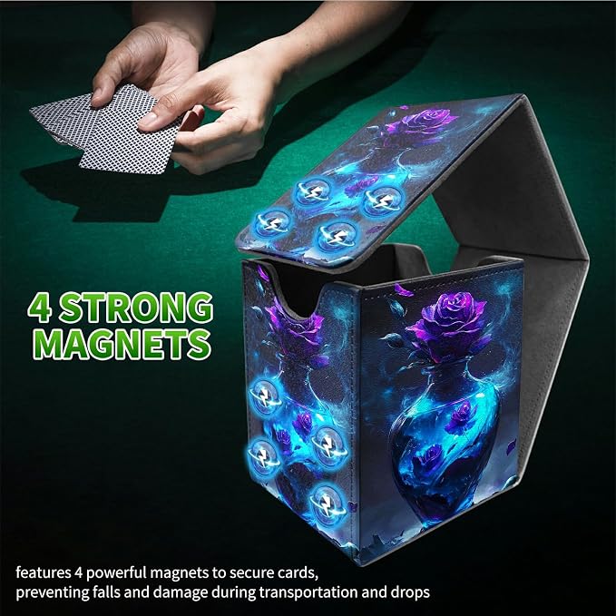 Deck Box for MTG, Cards Storage Box Fits 120+ Sleeved, Leather Medium Size Strong Magnetic Closing Card Case for Board Games Magic TCG CCG Baseball Collection, Purple Rose Vase