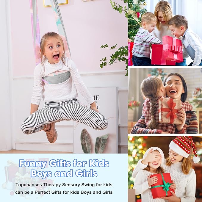 Therapy Swing Hammock Kids Cuddle Sensory Swing Indoor Therapeutic Hammock 360° Rotating Double Layer Elastic Rocking Cloth Swing Gifts for Children with ADHD SPD Asperger Autism (Rainbow+Grey)