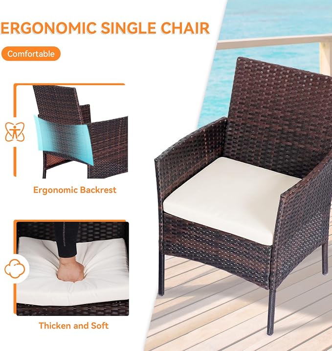 Patio Furniture Set, Outdoor Furniture Set 4 Pieces Patio Conversation Set PE Rattan Chair with Cushion Tempered Glass Table Garden Balcony Sets for Yard Pool Backyard Brown/Beige