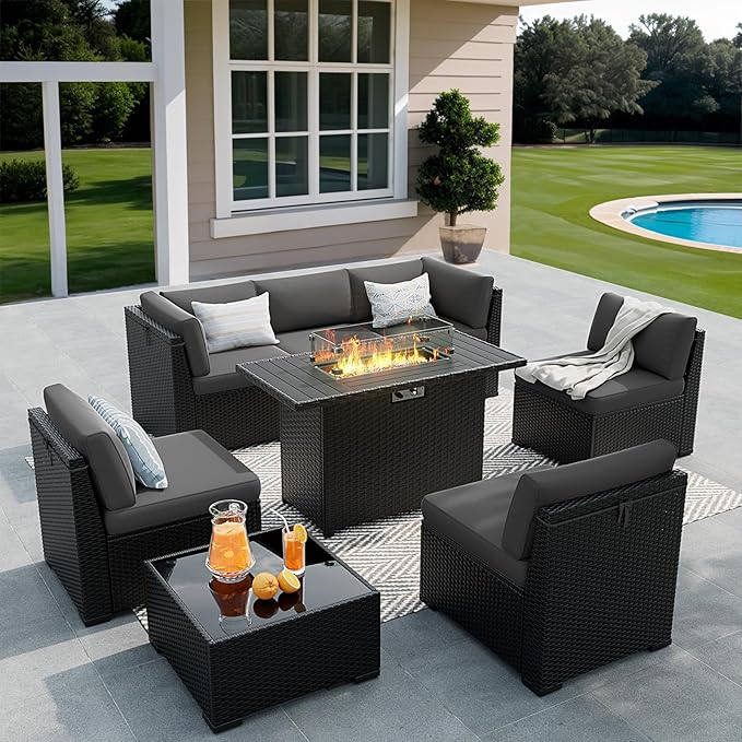 8 Pieces Outdoor Patio Furniture Set with 44" Fire Pit Table Black Rattan Sectional Conversation Sets w/Gas Fire Pit, Coffee Table, 1 Waterproof Covers, Dark Grey