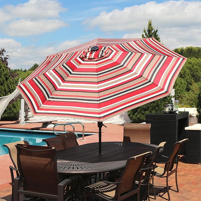 Sunnydaze 9 ft Striped Patio Umbrella with Solar Lights - Polyester LED Table Market Umbrella with Tilt and Crank - Awning Stripe