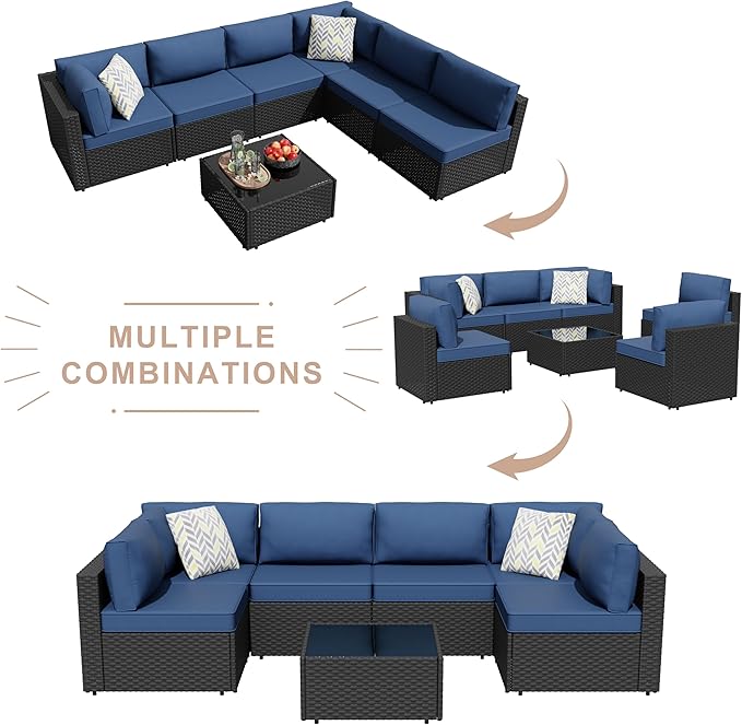 7-Piece Outdoor Patio Furniture Set, Modular PE Rattan Sectional Sofa with Thick Cushions & Glass Coffee Table, Weather-Resistant Wicker Conversation Set for Poolside, Balcony, Garden, Aegean Blue