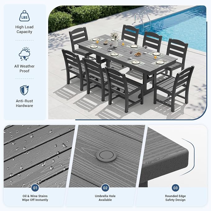 KINGYES 8-Person Outdoor Patio Dining Set with Patio Umbrella,84 inch HDPE Rectangular Table and Chairs Set，Waterproof Furniture Set with Umbrella Hole for Backyard,Grey