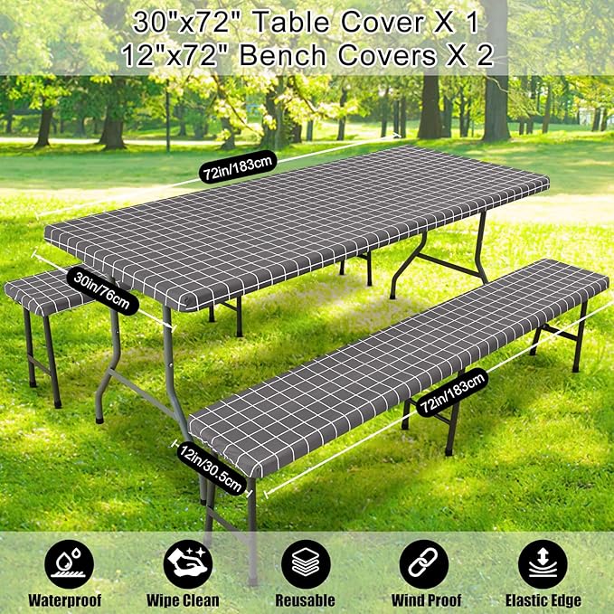 Smiry Picnic Table Cover with Bench Covers, Waterproof Elastic Fitted Tablecloth for 6 Foot Tables, Washable Polyester Tablecloths for Camping, Indoor & Outdoor (Grey & White, 30x72 Inch 3-pc Set)
