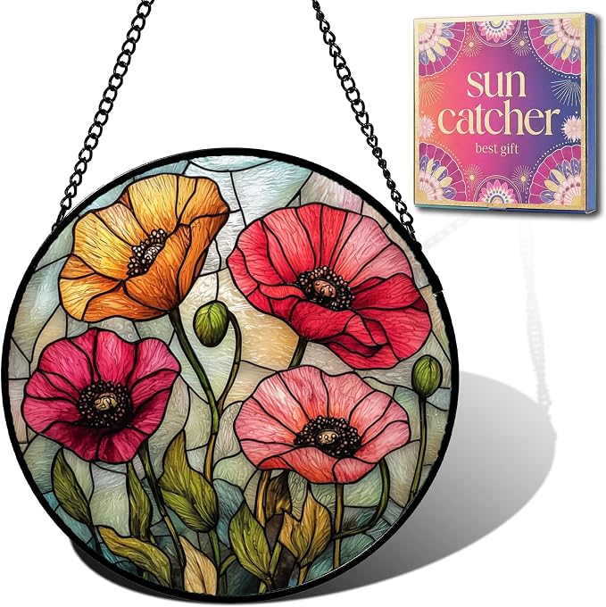 Floral Theme Gifts for Mom - Poppy Flower Faux Stained Glass Window Hanging Sun Catcher for Door Garden Acrylic Decor Mother's Day Birthday for Women Nana Friend Men Grandma 6.3"