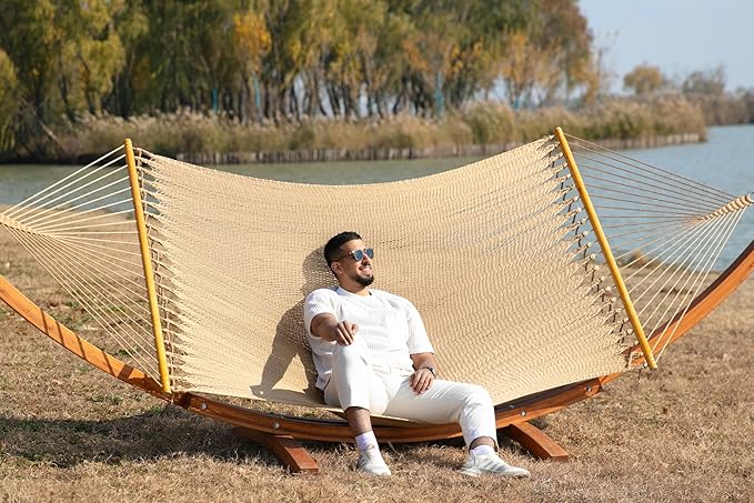 Double Saniwerke Caribbean Hammock, Hand-Woven with Wooden Spreader Bars, 79" Wide x 12 ft Long, Outdoor Indoor Use, Double Person Hammock for Patio Balcony Porch Relaxation, Soft Tan