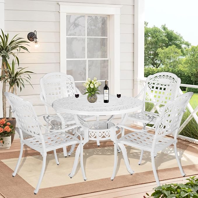 5-Piece Outdoor Patio Dining Set, All-Weather Cast Aluminum Patio Furniture Set with 4 Chairs and 38.5" Round Table for Backyard Garden Deck, 2" Umbrella Hole, White