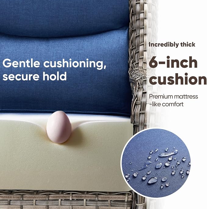 Swivel Patio Chairs Sofa Set of 5 with 6" Thick Cushion - Wicker Outdoor Swivel Rocker Patio Chair with Side Table, High Back Comfortable Outdoor Glider Chairs - Grey Wicker | Blue Cushions
