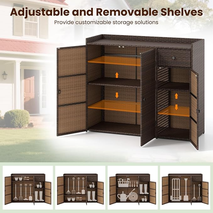 HAPPYGRILL Outdoor Rattan Wicker Deck Box Storage Cabinet, Patio Sideboard Buffet Cabinet with Adjustable Shelves and Drawer, Outside Console Bar Table for Garden Poolside