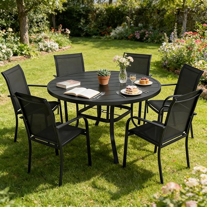 SUNCROWN 7 - Piece Outdoor Dining Set, Patio Furniture Set with 6 x Textilene Dinning Chairs and 53" Metal Round Table with Umbrella Hole for Lawn Garden Backyard Deck, Black