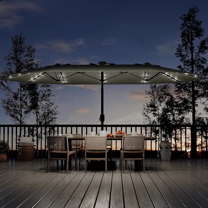 Garvee 15 ft Rectangular Patio Umbrella with Base Included - Large Patio Umbrella with Crank Handle 36 LED Lights, UV Protection for Outdoor Market, Backyard, Deck, Pool, Grey