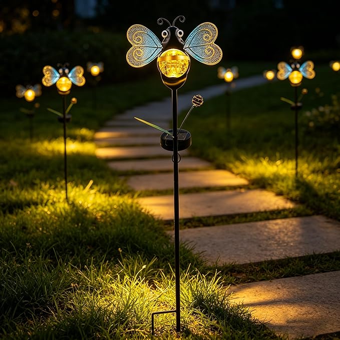 Solar Bee Garden Stakes Lights Outdoor Waterproof 2 Pack Metal Garden Stakes Decorative Bee Decor for Outside Yard Lawn Patio Decorations Whimsical Solar Lights Outdoor Gardening Gifts for Women