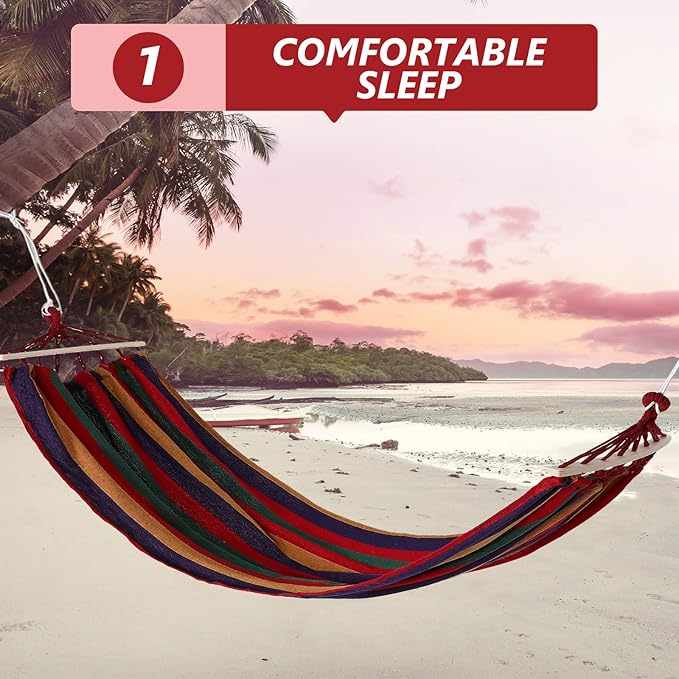 Heavy Duty Camping Hammock 200x80cm Thick Canvas Outdoor Tree Hanging Bed with Anti-tip Design Striped Pattern Single Hammock for Outdoor Rest and Travel
