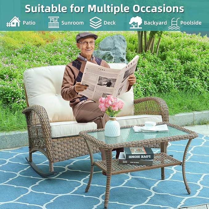 MEETWARM Outdoor Wicker Loveseat Rocking Chair, Loveseat for 2 Person Porch Furniture Rocker with Glass-Top Coffee Table, All-Weather Rattan Patio Rocking Bench with Thickened Cushions, Brown