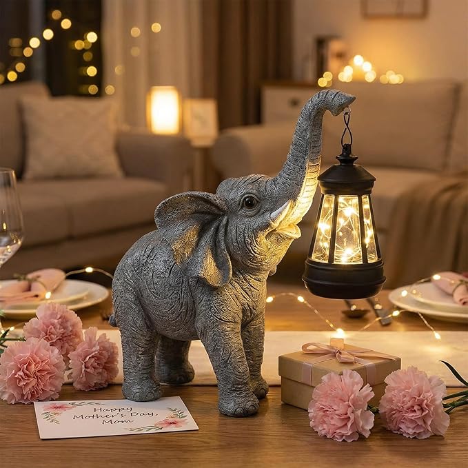Candieslife Solar Garden Statue Lights Elephants Figurine with Solar Lantern, Outdoor Yard Decorations for Patio Porch Home, Mothers Day Decorations Gift for Women - Unique Housewarming Gifts