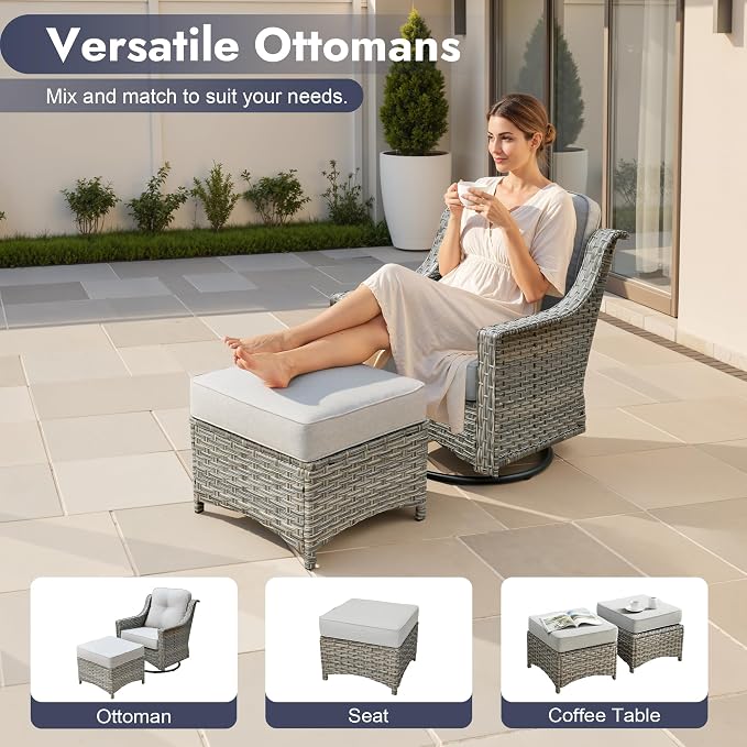 6 PCS Patio Furniture Set, Deep Seat High Back Outdoor Conversation Set with Ottomans, Wicker Outside Furniture with Solar Light Coffee Table for Porch Backyard Balcony, Sunroom, Light Grey
