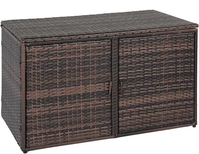 Henf Outdoor Wicker Storage Box Patio Rattan Deck Box with Double Doors & Shelf, All Weather Patio Furniture Storage Organizer for Storing Tools, Accessories and Toys (Brown)