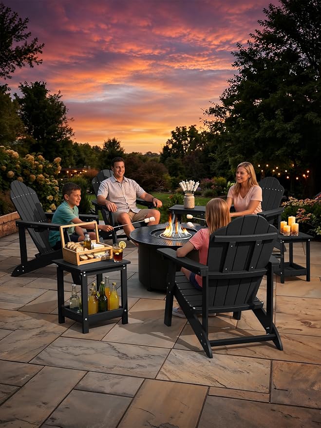 LUE BONA Outdoor Side Table, 2-Tier HDPE Small Outdoor End Table with Rail for Patio, Deck, Poolside, Low Maintenance & Weather Resistant, Black