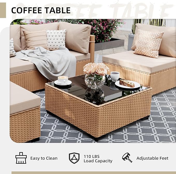 UPHA 5 Pieces Patio Furniture Sets, Wicker Outdoor Sectional Sofa Couch with Coffee Table, Patio Conversation Set for Deck Backyard Garden, Beige Rattan, Beige Cushion