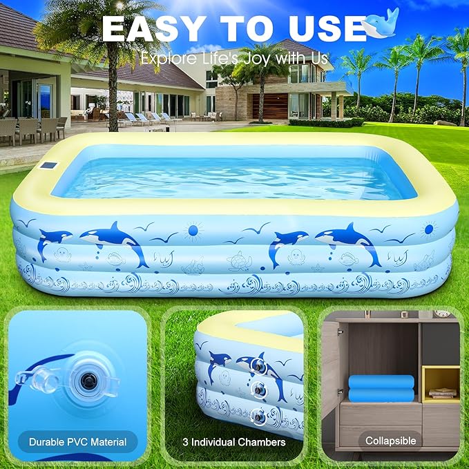 2026 Upgrade Inflatable Pools with Lights, Family Inflatable Swimming Pools for Adults, Blow Up Pool Solar, Large Pool, Durable Thickened Inflatable Family Pool for Backyard-Yellow