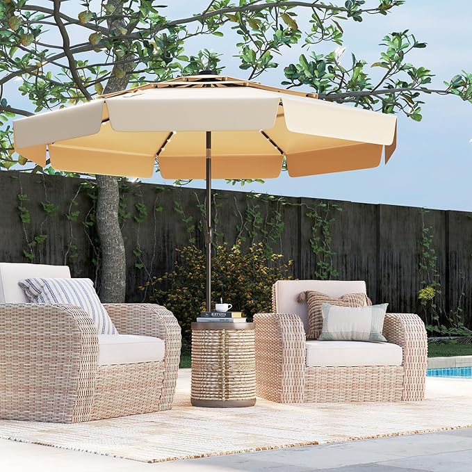 Tangkula 10 FT Solar LED Patio Umbrella, 3-Tiers Scalloped Outdoor Table Market Umbrella with 32 LED Lights, Tilt Adjustment, Crank, 8 Sturdy Ribs for Pool, Deck, Backyard (Beige)