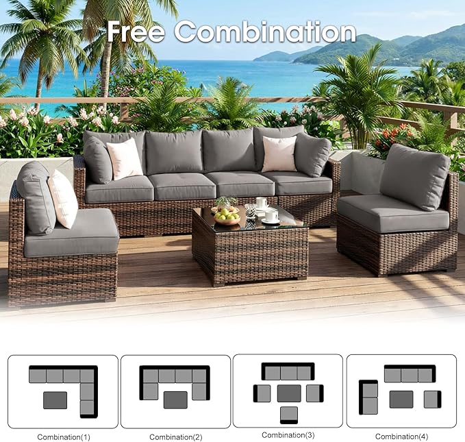 Grezone Patio Furniture Set 7 Piece Outdoor Wicker Sectional Sofa - All Weather High Backrest PE Rattan Couch Conversation Set with Cushion & Glass Top Table for Backyard Deck Porch, (Grey)