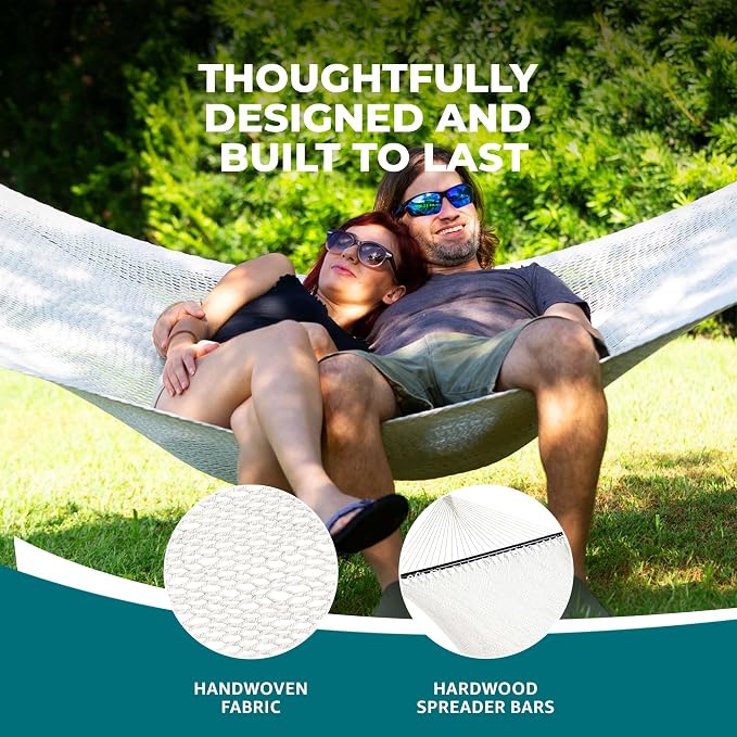 Bliss Hammocks BH-415 2-Person Weekender 12’ Long Deluxe Rope Hammock, 4 mm Thick Handwoven Polyester Rope, Patio Yard Poolside Outdoor Hammock, 55-Inch Spreader Bar Supports up to 450 lbs, Natural