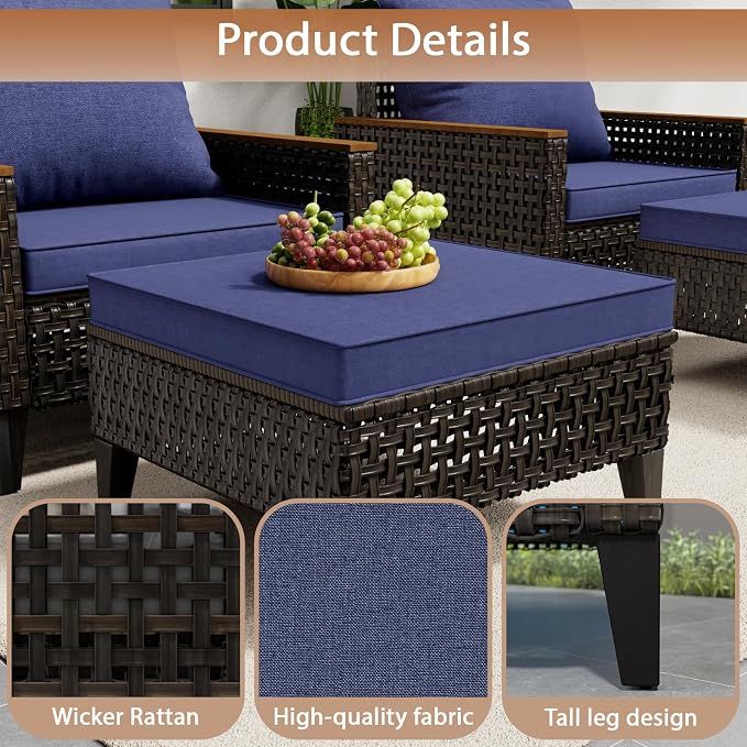 14 Piece Patio Sectional Sofa Furniture Set, All-Weather Wicker Rattan Outdoor Conversation Set with High Back and Hick Cushions, for Garden, Porch, Poolside, Blue