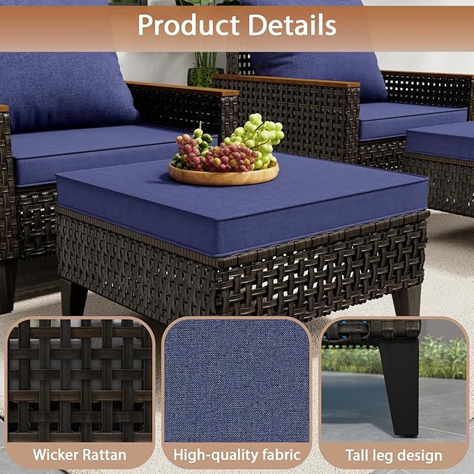 7 Piece Patio Sectional Sofa Furniture Set, All-Weather Wicker Rattan Outdoor Conversation Set with High Back and Hick Cushions, for Garden, Porch, Poolside, Blue
