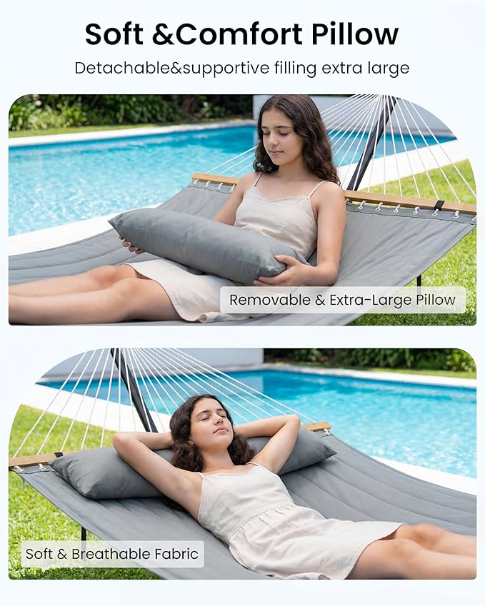 Double Hammock with Spreader Bar & Pillow, 2-Person Portable Hammock, 500lbs Capacity for Outdoor Camping, Patio, Backyard, Garden, Beach & Travel Relaxation – Gray