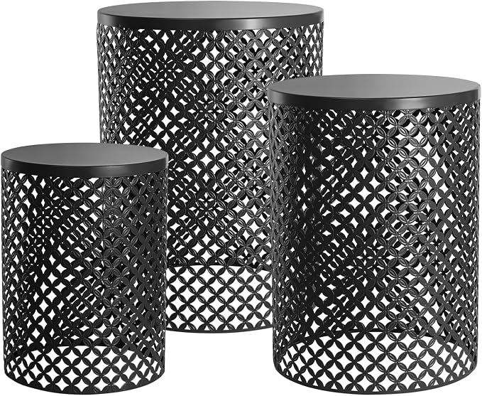 Set of 3 Outdoor Nesting Side Tables, Hollow Metal Frame Patio End Table, Multifunctional Coffee Table & Plant Holder for Backyard, Porch, Pool Sides, Home Indoor Use