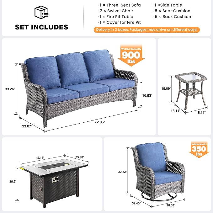 ovios 5-Piece Patio Furniture Set with Swivel Chairs Coffee Table, Outdoor Wicker Sofa with 42" Fire Pit Table, High Back Couch Modern Conversation Sets, Grey/Denim Blue