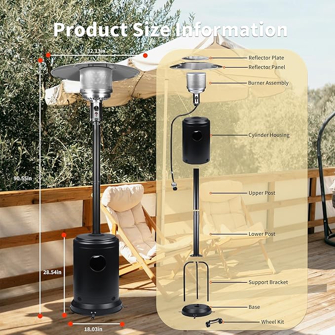 Ignovate 50,000 BTU Outdoor Propane Patio Heater with Wheels – Durable Powder-Coated Steel Gas Heater with Easy Ignition & Safety Shut-Off for Patio, Backyard, Garden, Restaurant