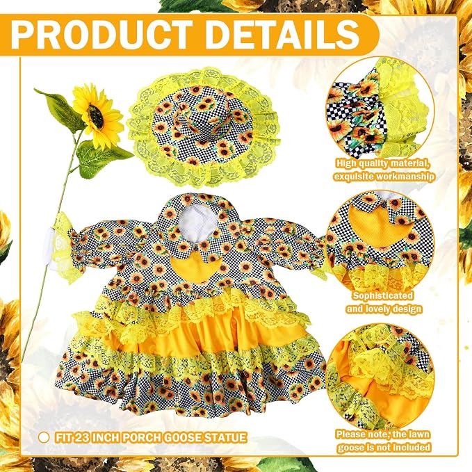 Soulchen 1 Set Sunflower Porch Goose Outfit 23 Inch Summer Cement Goose Clothes Dress and Hat Costume Set for Summer Fall Garden Yard Decor