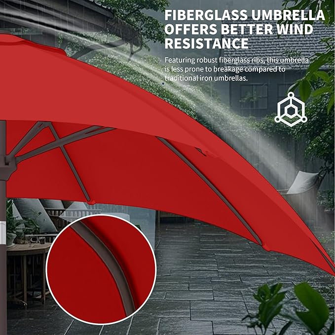 Kingdura 9FT Outdoor Patio Umbrella, Market Table Umbrella with Push Button Tilt and Crank, 8 Sturdy Fiberglass Ribs, UV Protection for Pool, Lawn, Deck, Backyard, Garden (Red)