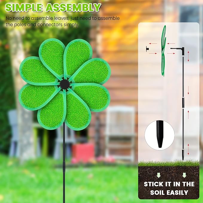 4PCS 11.4" W x 28" H Reflective Pinwheels Sparkly Lawn Wind Spinners Colorful Rainbow Windmill for Garden Decoration Bird Devices Deterrent to Scare Birds Away（Green）