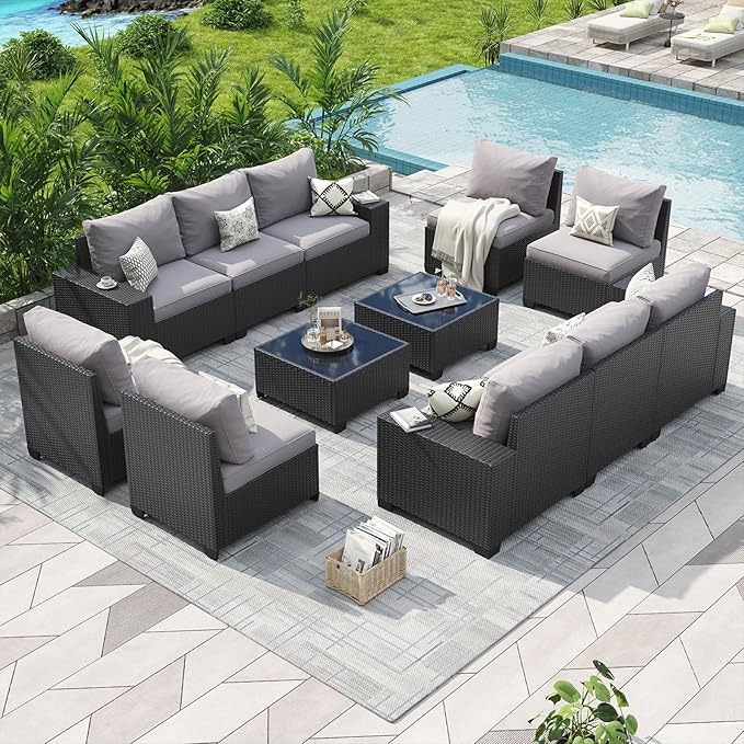 Aoxun Patio Furniture Set, 12 Pcs Outdoor Patio Furniture Sets with 4 in Thicken Cushion, Widen Armrests Wicker Outdoor Sectional for Backyard (Waterproof Cover Include)