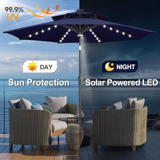 FLAME&SHADE 2 Tiers 9ft Solar Light Patio Umbrella, 40 LED lights outdoor umbrella with Centre Surround Light, Table Market Umbrella for Deck, Pool, Porch, Backyard, Garden (Navy Blue)